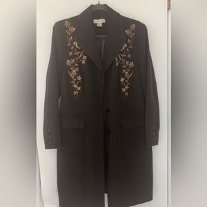 Newport News Black Trench Coat with Tan Embroidery